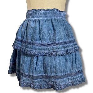 Katie J NYC Junior’s Size Medium Layered Ruffle Mini Skirt Blue Elastic Waist